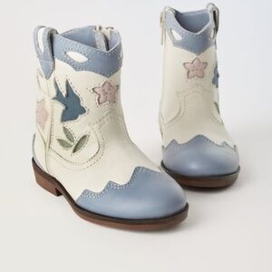 Zara Toddler Girl Leather Ankle Cowboy Boots with Floral Design - Blue and White
